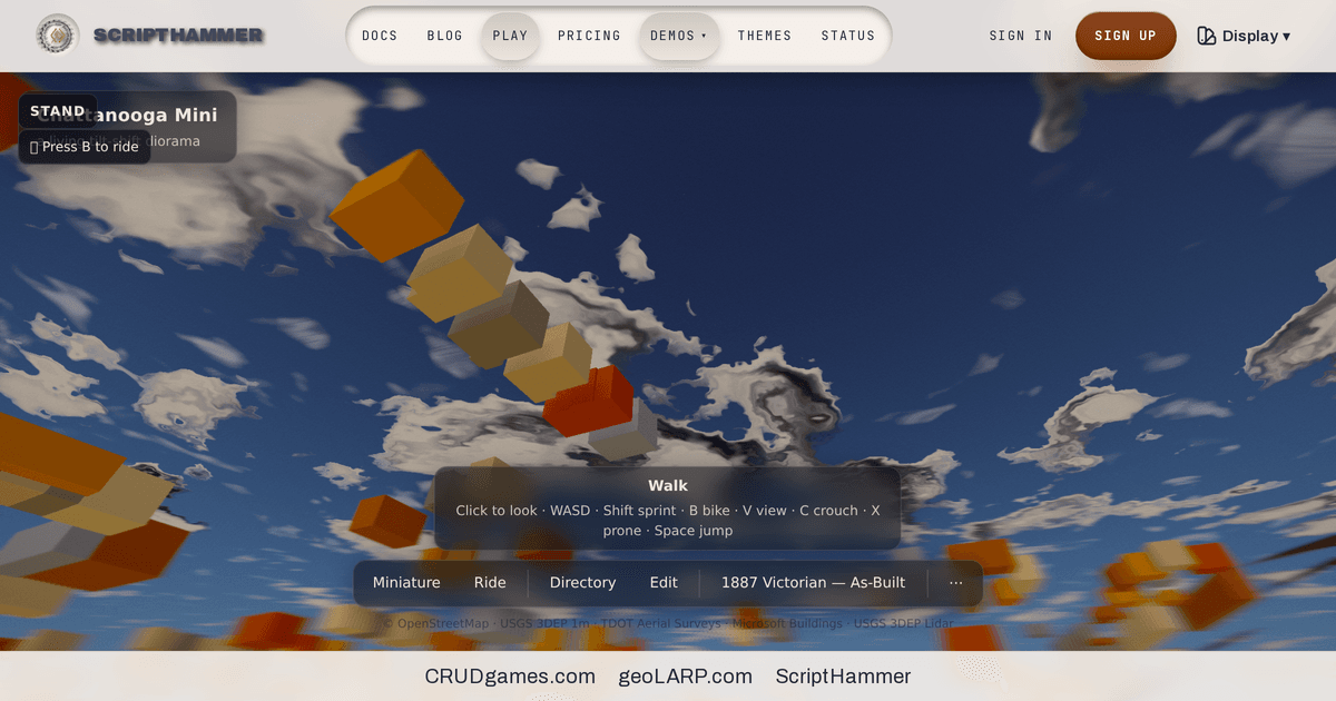 First-person Walk mode: the bicycle drops through the sky while the Chattanooga diorama floats above it, because the spawn point is placed below the city